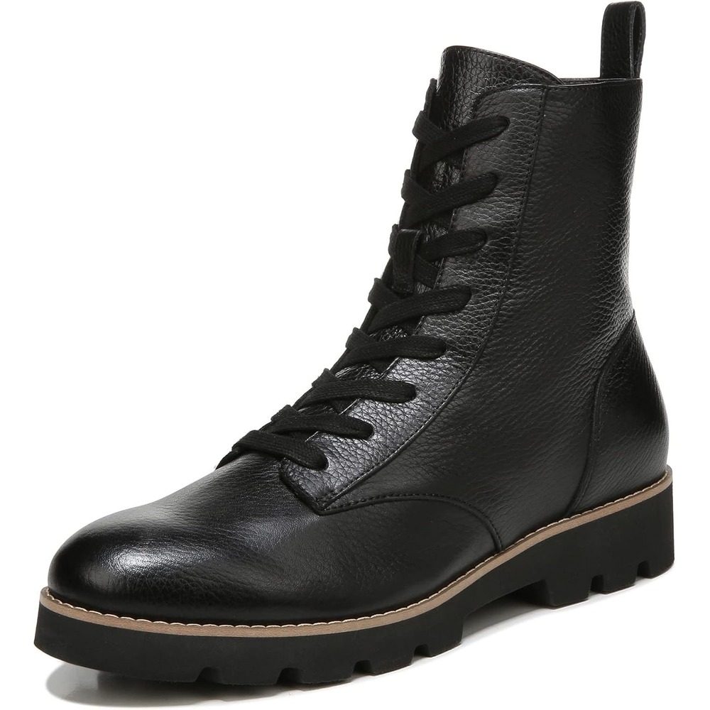 Vionic Lani Lace Up Leather Combat Boots Black Side Zip Lug Sole Size 7
